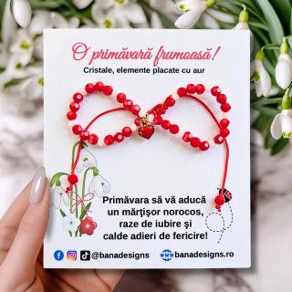 Bratara Martisor cu inimioara rosie emailata, cristale rosii si albe