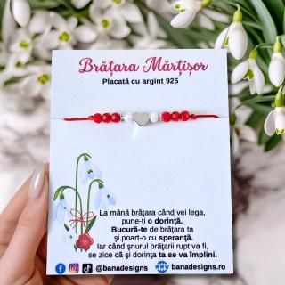 Bratara Martisor cu inimioara si cristale rosii si albe, placata cu argint