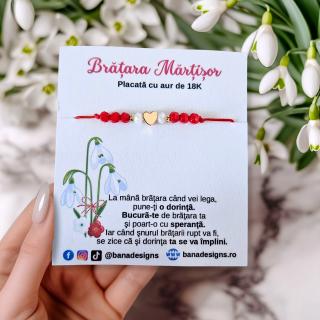 Bratara Martisor cu inimioara si cristale rosii si albe, placata cu aur