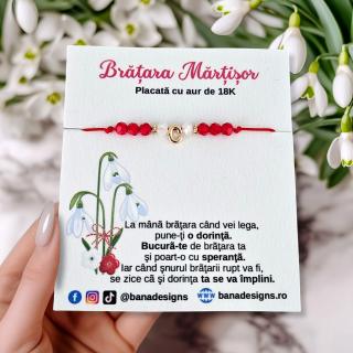 Bratara Martisor cu initiala si cristale rosii si albe, placata cu aur
