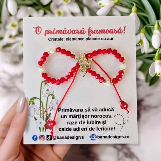 Bratara martisor cu lalea, cristale rosii si margele texturate placate cu aur de 18K