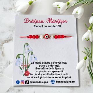 Bratara Martisor cu ochi protector si cristale rosii si albe, placata cu aur