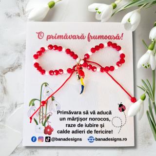 Bratara Martisor cu papagal emailatt, cristale rosii si albe
