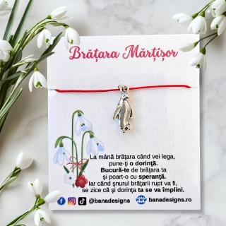 Bratara Martisor cu pinguin si snur rosu ajustabil