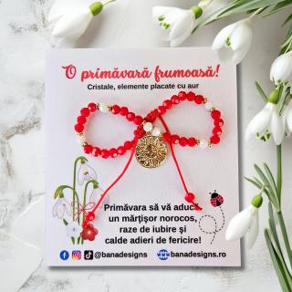 Bratara martisor cu soare, cristale rosii si margele texturate placate cu aur de 18K