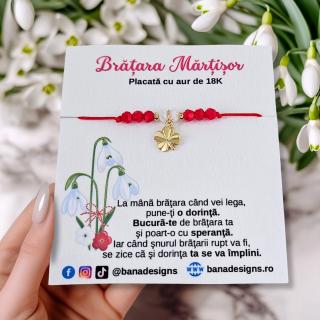 Bratara Martisor cu trifoi si cristale rosii si albe, placata cu aur
