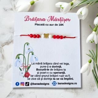 Bratara Martisor cu ursulet si cristale rosii si albe, placata cu aur