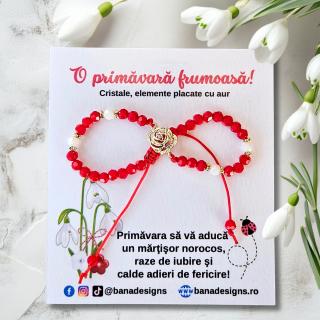 Bratara martisor trandafir, cristale rosii si margele texturate placate cu aur de 18K