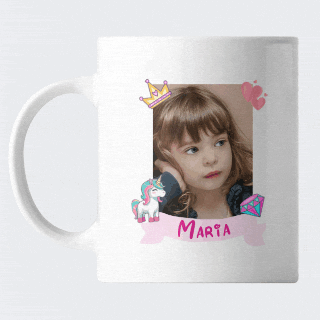 Cana personalizata pentru fetita, cu fotografie, nume si design unicorn