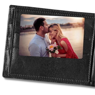 Card metalic personalizat cu fotografie si mesaj gravat, insertie portofel, wallet card