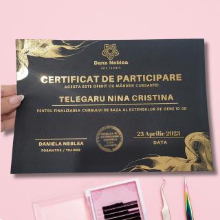 Diploma Lash Artist personalizata pentru cursuri, hartie neagra cu folio auriu