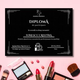 Diploma Make-up Artist personalizata pentru cursuri, hartie neagra si scris alb