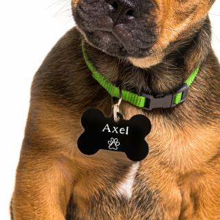 Dog tag personalizat, medalion pentru catei in forma de os negru, gravat cu nume si simbol