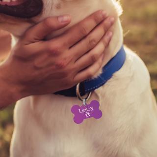 Dog tag personalizat mov, medalion pentru catei in forma de os, gravat cu nume si simbol