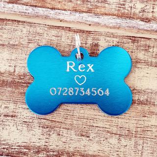 Dog tag personalizat turcoaz, medalion pentru catei in forma de os, gravat cu nume si simbol