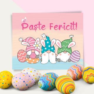 Felicitare Paste Fericit, cu gnomi si urare de paste