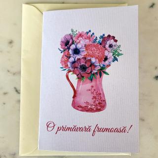 Felicitare pentru 8 Martie, ziua mamei, cu vaza cu flori si mesaj O primavara frumoasa