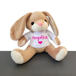 Iepuras personalizat cu nume pentru fetita, iepuras din plus, cu tricou alb, jucarie Paste