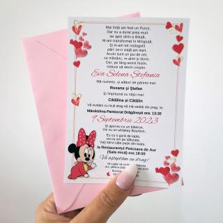 Invitatie botez pentru fetita cu minnie in nuante roz si auriu cu plic roz