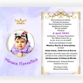 Invitatie digitala pentru botez de fetita, cu fotografie, lila si auriu