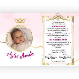 Invitatie digitala pentru botez de fetita, cu fotografie, roz si auriu