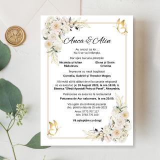 Invitatie digitala pentru nunta, Invitatie electronica, cu flori albe, fluturasi si chenar auriu