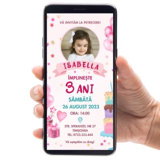 Invitatie digitala pentru zi de nastere fetita, in nuante de roz