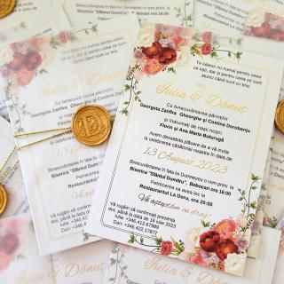 Invitatie pentru nunta, cu flori rosii si folio auriu, cu invelitoare velum si sigiliu de ceara personalizat