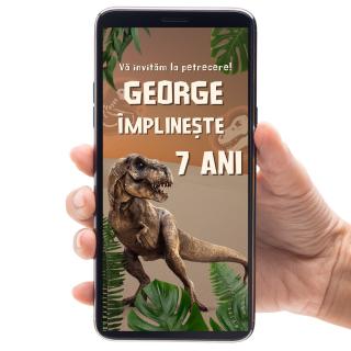 Invitatie zi de nastere digitala video, pentru copii, cu design dinozaur, Jurassic