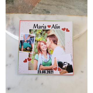 Magnet personalizat cu 3 fotografii, numele cuplului, data relatiei si multe inimioare