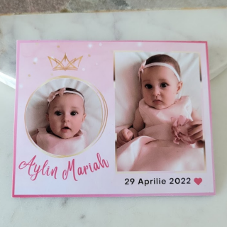 Magnet personalizat, marturie pentru botez fetita, cu 2 fotografii, tematica roz printesa, cu coronita