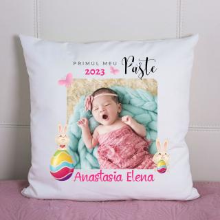 Perna alba personalizata pentru fetita Primul meu Paste, cu nume si fotografie