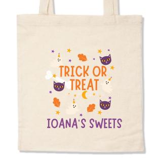 Sacosa Halloween Trick or Treat, din bumbac, personalizata cu nume