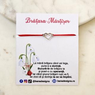 Set 10 Bratari Martisor cu inimioara si snur rosu ajustabil