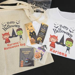 Set cadou Halloween personalizat pentru fetite, cu tricou, colier, semne de carte, sacosa si cutie cadou