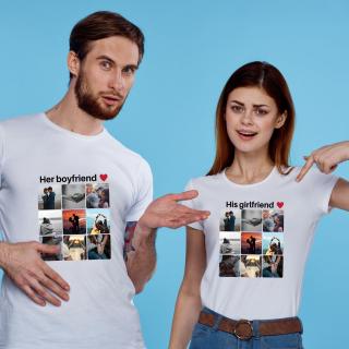 Set de 2 tricouri din bumbac personalizat pentru cuplu cu colaj din 9 fotografii si mesaj Her boyfriend, His girlfriend