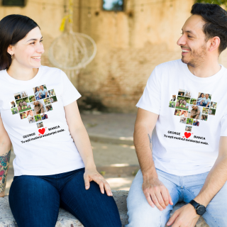 Set de 2 tricouri din bumbac personalizat pentru cuplu cu colaj inima din 18 fotografii si mesaj