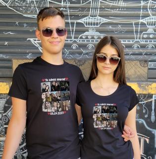 Set de tricouri personalizate pentru cuplu cu colaj din 9 fotografii si mesaj