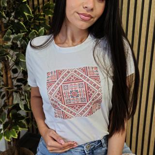 Tricou Alb din Bumbac cu Motiv Traditional Romanesc - Model Ie pentru Dama