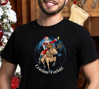 Tricou Beer Santa de craciun, cu Mos Craciun calare pe un ren, din bumbac negru