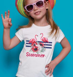Tricou cu nume, personalizat pentru copii, cu flamingo si flori, tricou din bumbac alb