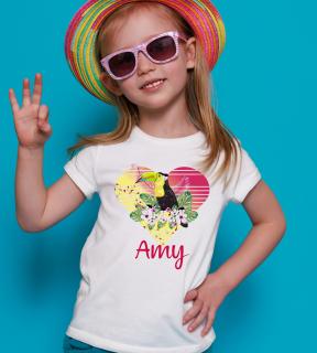 Tricou cu nume, personalizat pentru copii, cu tucan si inimioara, tricou din bumbac alb