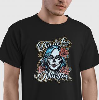 Tricou Dia de los muertos din bumbac negru, cu design craniu trandafiri