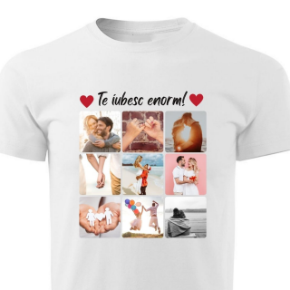 Tricou din bumbac personalizat pentru cuplu cu colaj din 9 fotografii si mesaj
