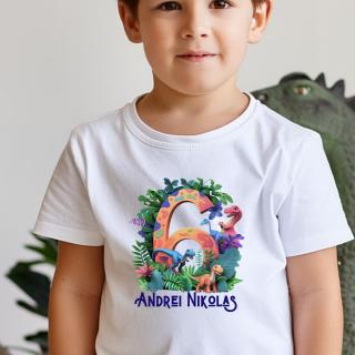 Tricou dinozauri pentru zi de nastere, pentru 6 ani, personalizat cu nume