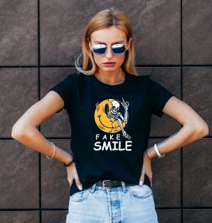 Tricou Emoticon si Schelet cu inscriptia Fake Smile, din bumbac negru, pentru dama