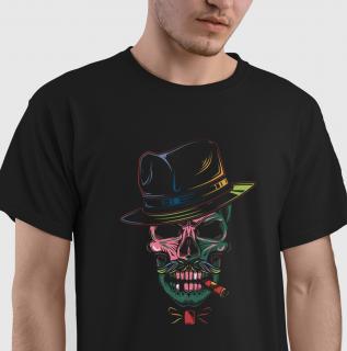 Tricou gangster cu trabuc, din bumbac negru, pentru barbati, cu design craniu gangster