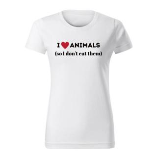 Tricou I love animals so I don t eat them, din bumbac alb, personalizat, pentru vegani, vegetarieni