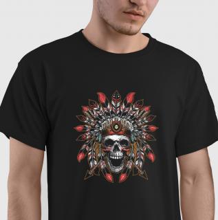 Tricou Indian Skull with Feathers, din bumbac, cu design indian, craniu si pene