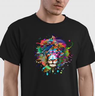 Tricou leu multicolor, din bumbac negru, pentru barbati